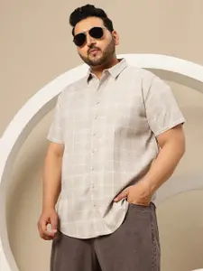 Sztori Plus Size Self-Checked Pure Cotton Embroidered Detail Regular Fit Casual Shirt