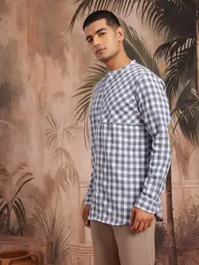 Sangria Gingham Checks Mandarin Collar Button-Down Straight Kurta with Patchworks