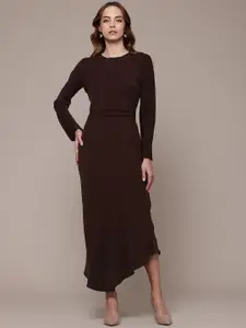 MANGO Ruched Asymmetric Hem Sheath Midi Dress