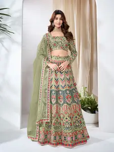 Inddus Embroidered Thread Work Semi-Stitched Lehenga & Unstitched Blouse With Dupatta