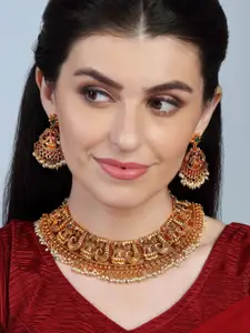 Anouk Matte Gold Plated Ruby Emerald Studded Temple Inspired Ethnic Statement Necklace Set