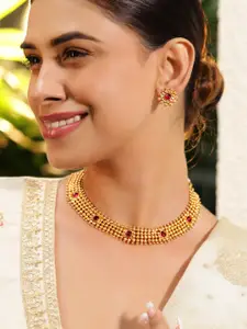 Rubans 22K Gold-Plated Ruby Pink Studded Traditional Choker Necklace Set with Gold Beads