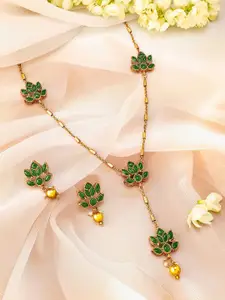 Rubans 22K Gold Plated Emerald Green Studded Layered Lotus Motif Necklace Set
