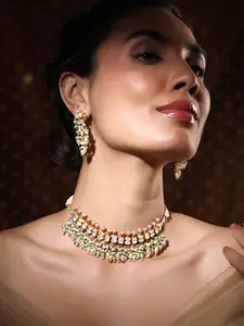 Rubans 24K Gold-Plated Pachi Kundan Studded Necklace Set with Pearl & Green Bead Details