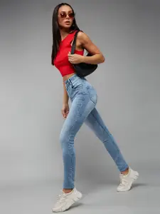 DOLCE CRUDO Women Slim Fit High-Rise Heavy Fade Stretchable Jeans