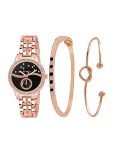 Curren Women Brass Embellished Dial Analogue Watch 1342-RSBk+JW-07&08-Rose Black