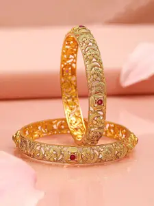 Rubans Set of 2 22K Gold-Plated Ruby Pink Stone & Floral Design Traditional Bangles