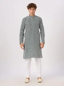Anouk Green Ethnic Motifs Embroidered Mandarin Collar Cotton Straight Kurta