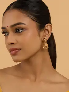 Kushal's Fashion Jewellery Gold-Plated 92.5 Silver Stone Studded Temple Jhumkas