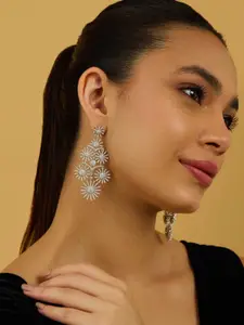 Kushal's Fashion Jewellery Rhodium-Plated Zircon Studded Floral Drop Earrings