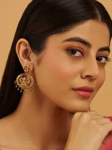 Kushal's Fashion Jewellery Gold Plated Ruby Studded Peacock Shaped Antique Drop Earrings