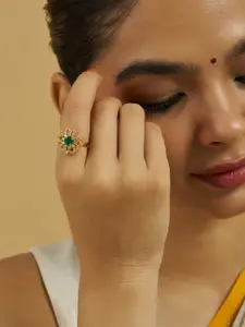 Kushal's Fashion Jewellery Embellished Bridal Gold-Plated CZ Studded Temple Finger Ring