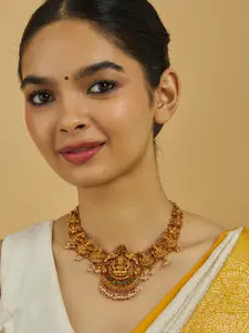 Kushal's Fashion Jewellery 92.5 Pure Silver Gold-Plated Stone Studded Temple Necklace