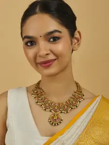 Kushal's Fashion Jewellery 92.5 Silver Gold-Plated Stone Studded & Beaded Temple Necklace