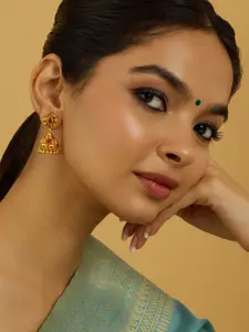 Kushal's Fashion Jewellery 92.5 Pure Silver Gold-Plated Stone Studded Contemporary Jhumkas