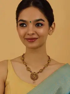 Kushal's Fashion Jewellery 92.5 Pure Silver Gold-Plated Stone Studded Temple Necklace