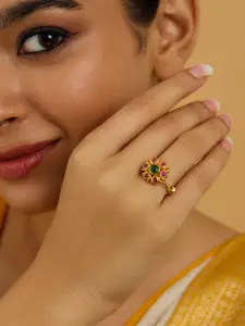 Kushal's Fashion Jewellery Embellished Bridal 92.5 Silver Gold-Plated Temple Finger Ring