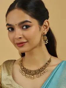 Kushal's Fashion Jewellery Gold-Plated Stone Studded & Beaded Antique Necklace