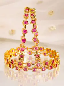 Rubans Set of 4, 22K Gold-Plated Ruby Pink Square Stone Handcrafted Bangles