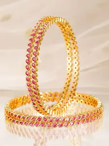 Rubans Set of 6, 22K Gold-Plated Ruby Pink Stone Studded Handcrafted Bangles