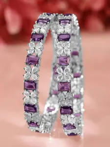 Rubans Set of 2 Rhodium-Plated Blue Sapphire & White Cubic Zirconia Studded Bangles