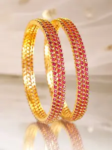 Rubans Set of 6, 22K Gold-Plated Ruby Pink Stone Studded Handcrafted Bangles