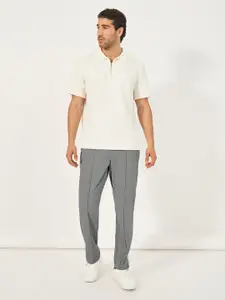 Styli Men Solid Slim Fit Smart Trousers with Pintuck Detail