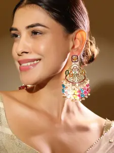Rubans 18K Gold-Plated Multicolor Kundan & Pearl Studded Dome-Shaped Chandelier Earrings