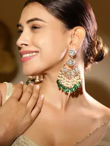 Rubans 18K Gold-Plated Kundan & Zirconia Studed Chandbali with Pearl & Green Bead Danglers