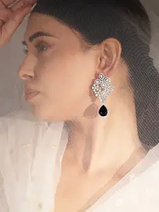 Rubans Rhodium Plated Cubic Zirconia Studded & Black AD Drop Earrings