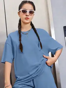 London Hills Women Solid Round Neck Cotton Oversized T-shirt