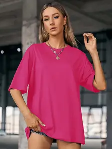 London Hills Women Solid Round Neck Cotton Oversized T-shirt