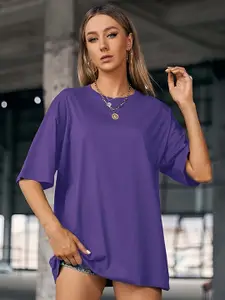 London Hills Women Solid Round Neck Cotton Oversized T-shirt
