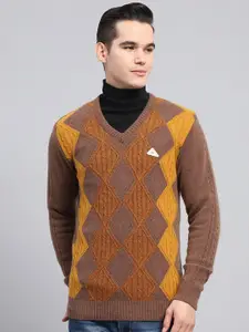 Monte Carlo Men Checked V-Neck Woollen Long Sleeves Pullover