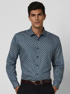 V Dot Men Spread Collar Geometric Printed Cotton Slim Fit Party Shirt