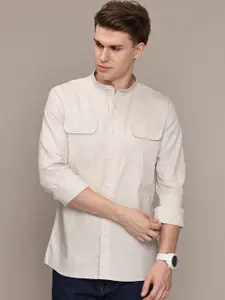 French Connection Men Premium Band Collar Solid Cotton Slim Fit Casual Shirt