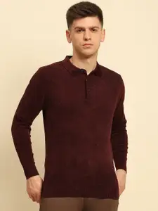 Global Republic Men Shirt Collar Full Sleeve Velour Pullover Sweaters