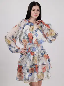 DRIRO Women Floral Printed Tie-Up Neck Puff Sleeve Layered Fit & Flare Dress