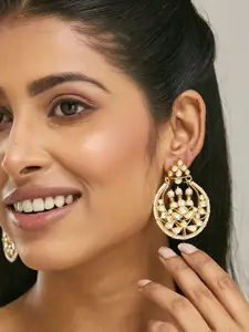 Yinara 22K Gold-Plated Elegant Kundan Stone Studded & Pearl Beaded Chandbalis