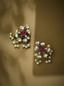 Yinara 22K Gold-Plated Kundan & Ruby Stone Studded & Pearl Beaded Ethnic Studs