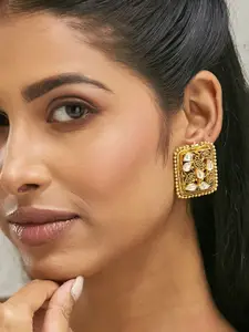 Yinara 22K Gold-Plated Kundan & Filigree Concept Rectangular Leafy Studs