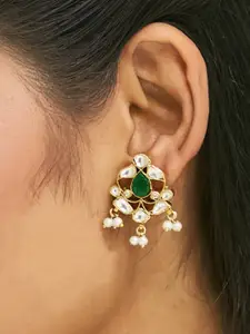 Yinara 22K Gold-Plated Elegant Kundan & Green Stone Studded Pearl Beaded Ethnic Studs