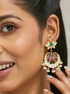 Yinara 22K Gold-Plated Exquisite Kundan Studded & Pearl Beaded Floral Ethnic Chandbalis