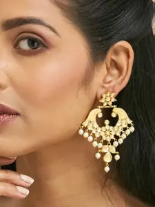 Yinara 22K Gold-Plated Kundan & Pearl Floral Stud Design Intricate Crescent Chandbalis