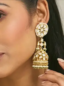 Yinara 22K Gold-Plated Kundan Stone Studded & Pearl Beaded Dome Shaped Jhumkas
