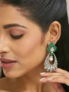 Yinara 22K Gold-Plated Zircon Studded & Pearl Teardrop Shaped Dangler Earrings