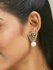 Yinara 22K Gold-Plated Zircon Stone Studded & Pearls Drop Stud Earrings