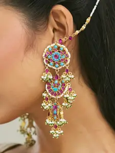 Yinara 22K Gold-Plated Kundan Stone Studded & Pearl Beaded Crescent Shape Kanauti Earrings