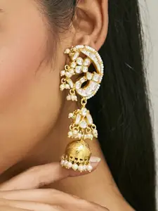Yinara 22K Gold-Plated Elegant Kundan Studded & Pearl Drops Mini Jhumki Dangler Earrings