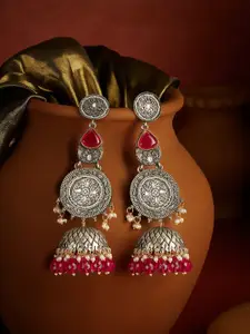Zaveri Pearls Silver-Plated Dome Shaped Stone Studded & Beaded Antique Jhumkas